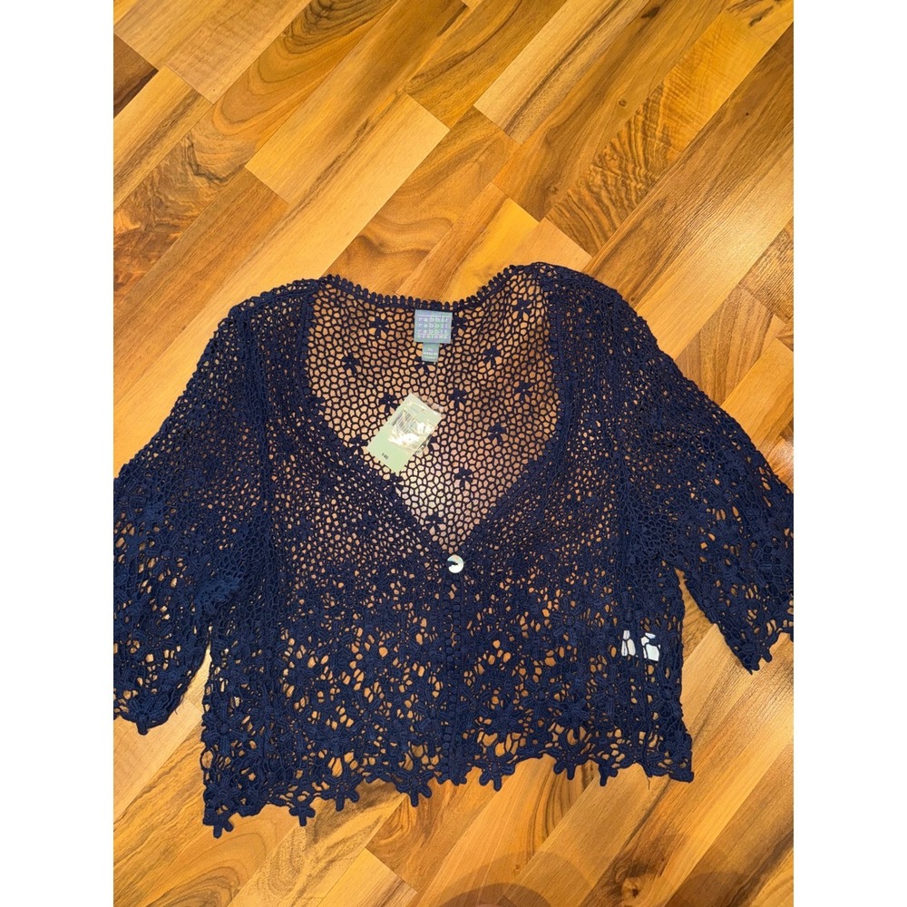 Rabbit Rabbit Rabbit Designs Crochet Shrug XL Navy New Floral Lace Cardigan